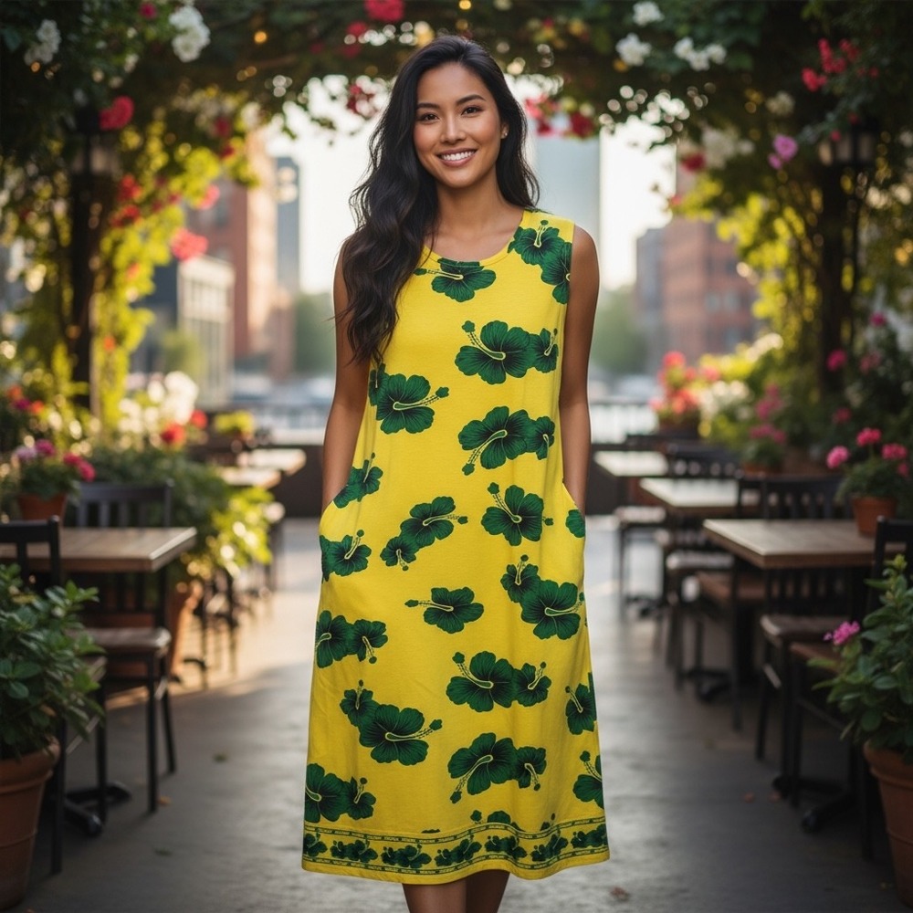 I.G. Sport XX Large Yellow Green Hibiscus‎ Floral Sleeveless Maxi Dress